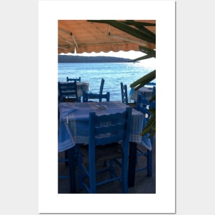 Scenic view on Mediterranean sea from Greek restaurant with blue chairs Posters and Art